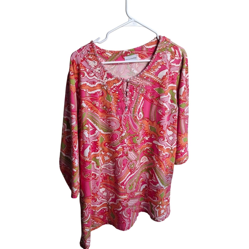 Soft Surroundings Pink Paisley Beaded Tunic Top Womens 3/4 Sleeve V-Neck Boho XL